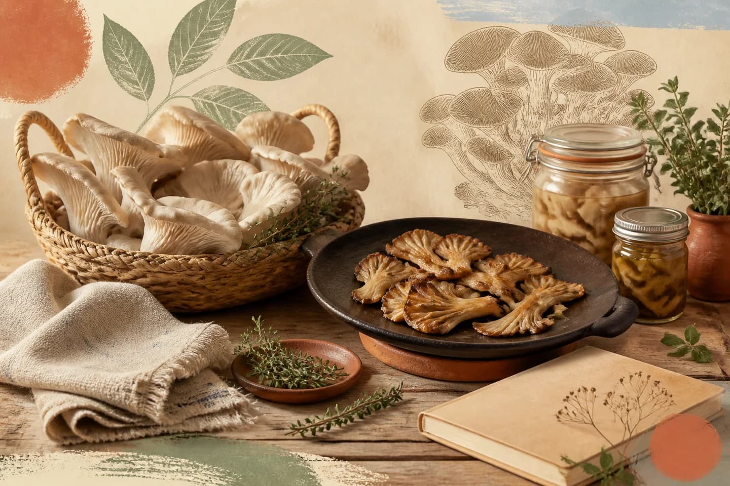 Escena editorial de setas frescas y doradas en una cocina cálida
